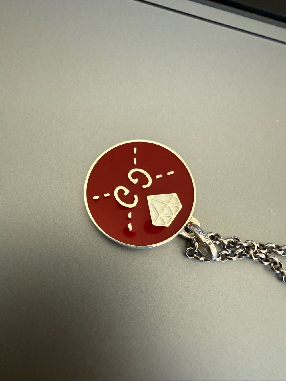 Red Enamel Round Pendant Necklace with Silver Accents